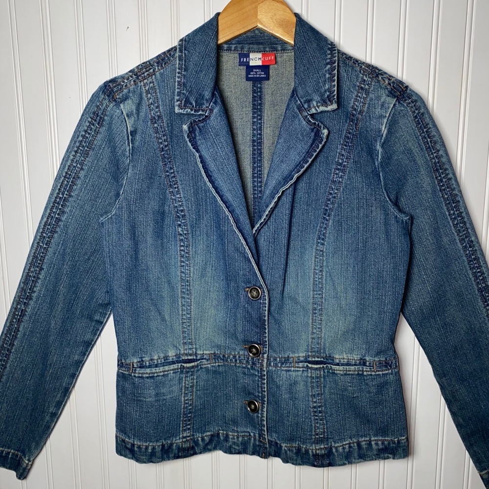 French Cuff Y2K Blue Denim Tailored Blazer Jacket 100% Cotton Detailed - Small